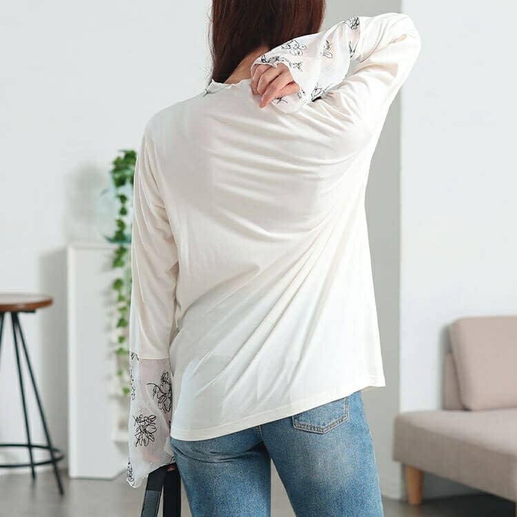 大きいサイズ レディース 花刺繍シアーフレアスリーブ切り替えメロートップス　fem-613 【メール便可】