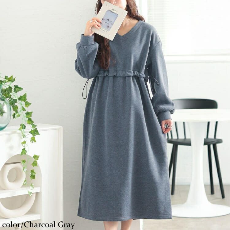 大きいサイズ レディース 裏起毛ウエストドロスト切り替えワンピース　fem-618