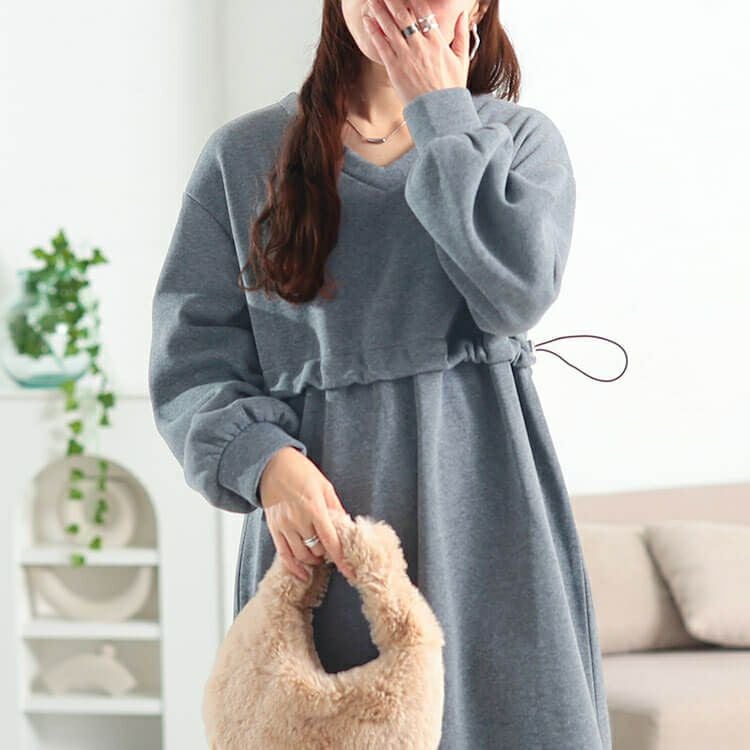 大きいサイズ レディース 裏起毛ウエストドロスト切り替えワンピース　fem-618