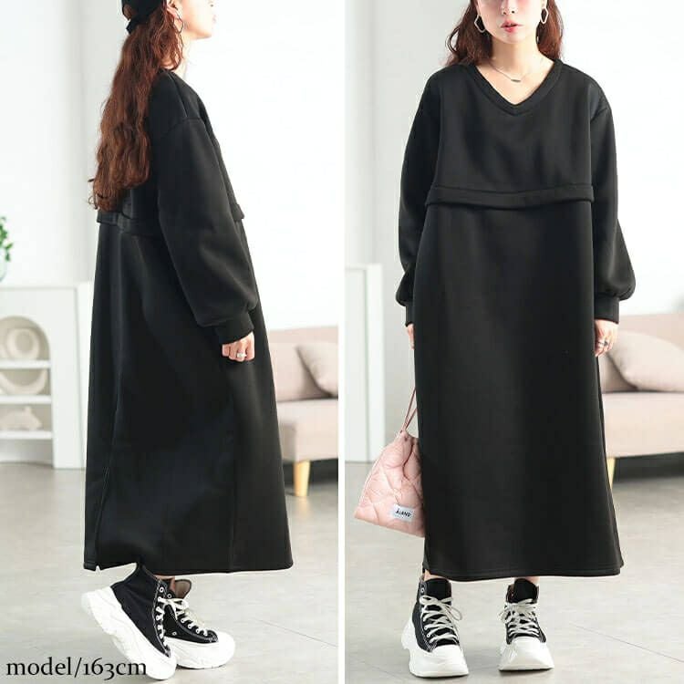 大きいサイズ レディース 裏起毛ウエストドロスト切り替えワンピース　fem-618