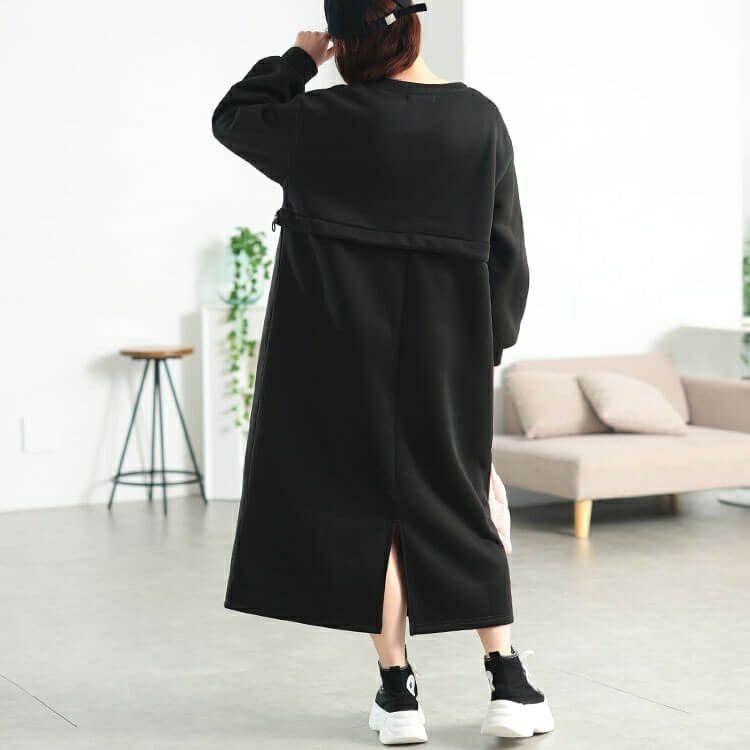 大きいサイズ レディース 裏起毛ウエストドロスト切り替えワンピース　fem-618