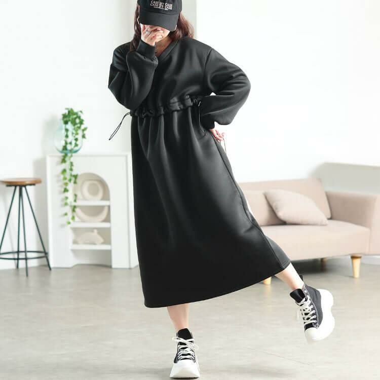 大きいサイズ レディース 裏起毛ウエストドロスト切り替えワンピース　fem-618 ブラック