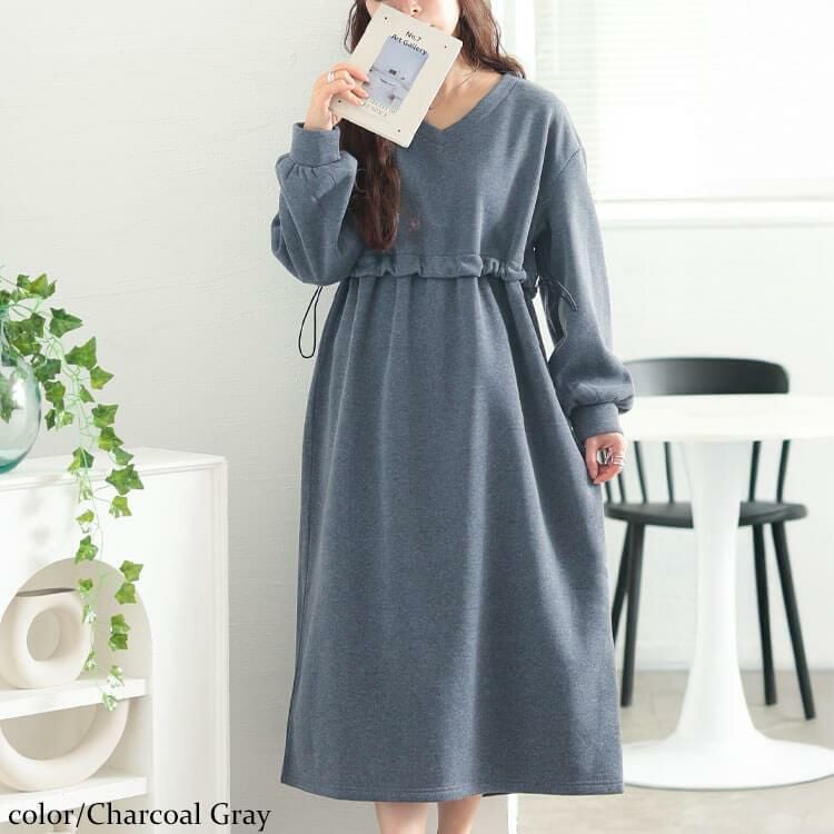 大きいサイズ レディース 裏起毛ウエストドロスト切り替えワンピース　fem-618 チャコールグレー