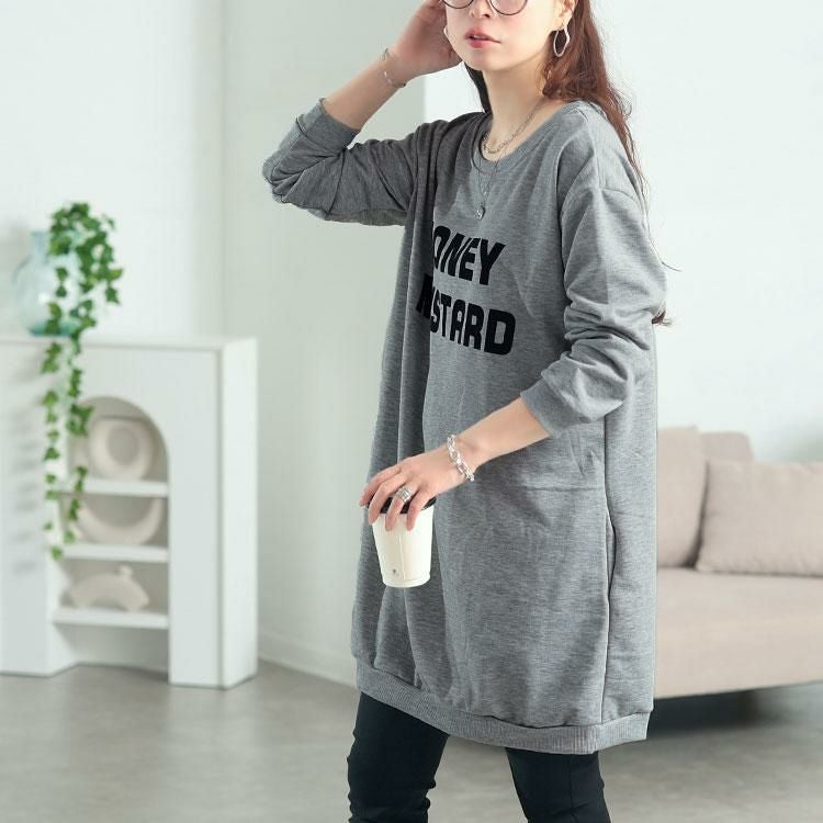 大きいサイズ レディース 英字ロゴビッグシルエットチュニック　goldy-1768 グレー