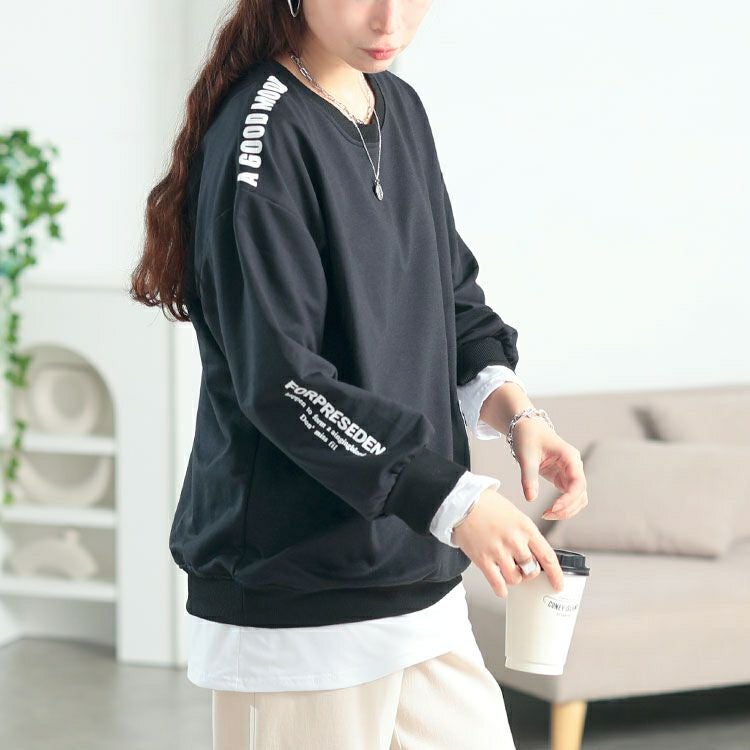 大きいサイズ レディース ロゴ入りレイヤード風スウェット　goldy-1764