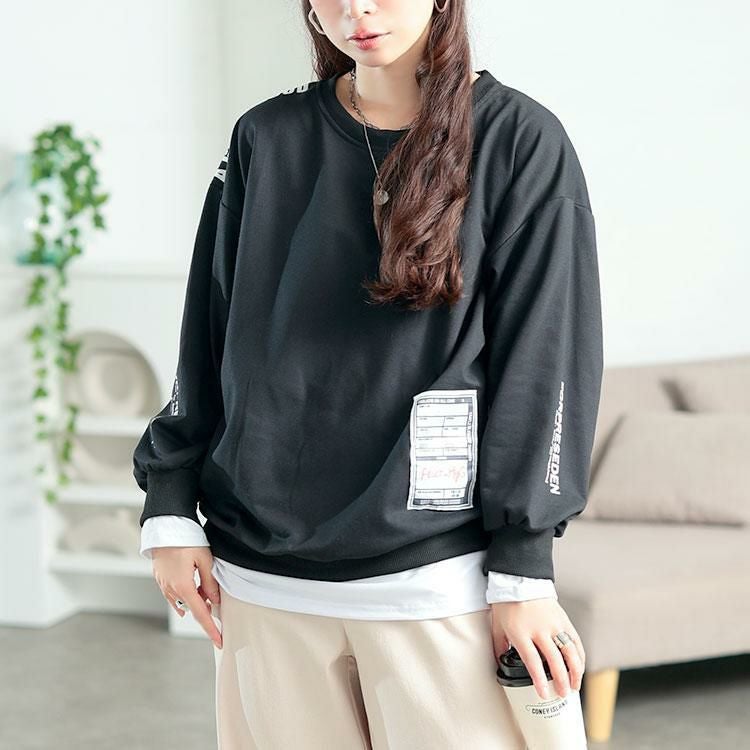 大きいサイズ レディース ロゴ入りレイヤード風スウェット　goldy-1764 ブラック