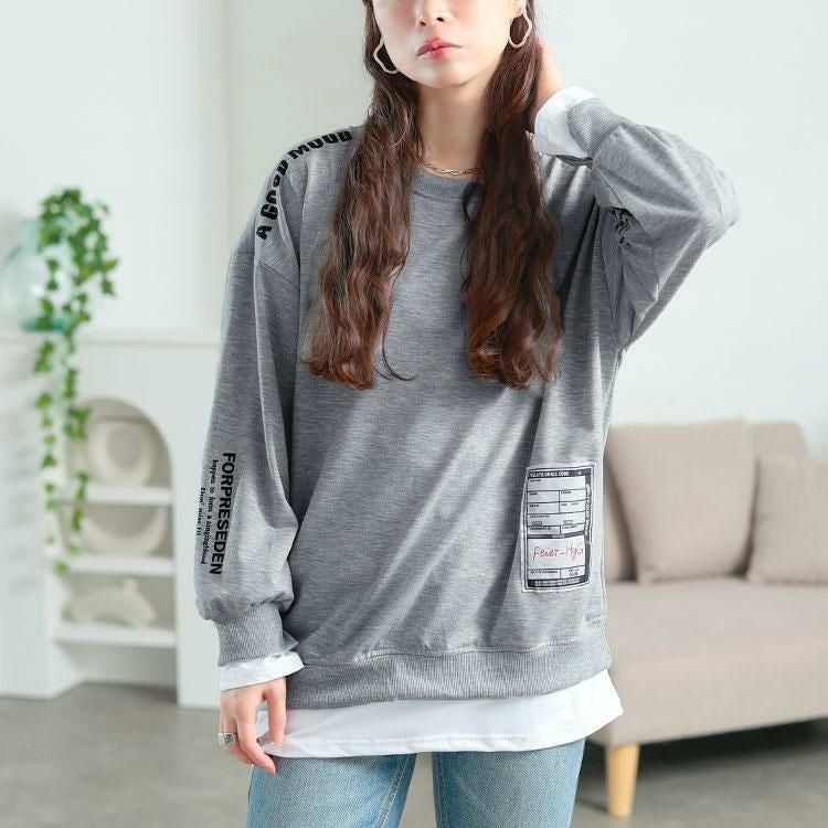 大きいサイズ レディース ロゴ入りレイヤード風スウェット　goldy-1764 グレー