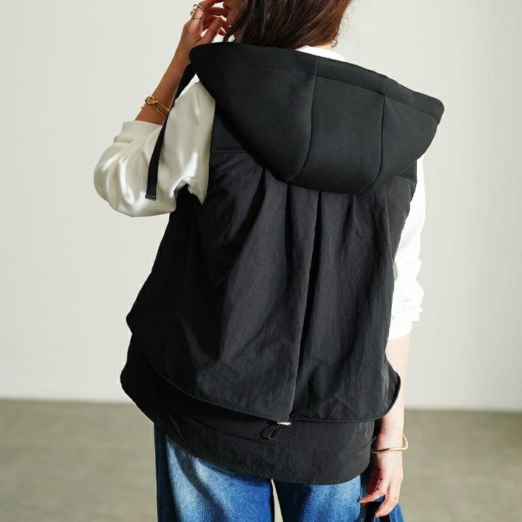 大きいサイズ レディース 異素材フード付き中綿ベスト　mnfk-552808