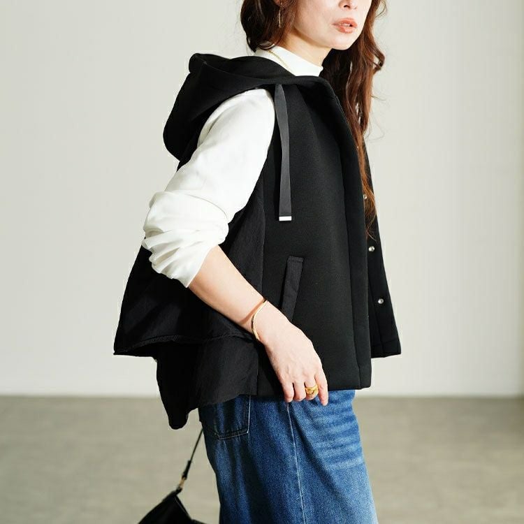 大きいサイズ レディース 異素材フード付き中綿ベスト　mnfk-552808