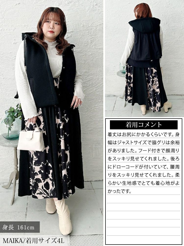 大きいサイズ レディース 異素材フード付き中綿ベスト　mnfk-552808