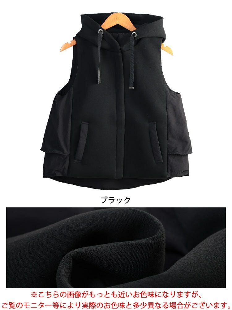 大きいサイズ レディース 異素材フード付き中綿ベスト　mnfk-552808