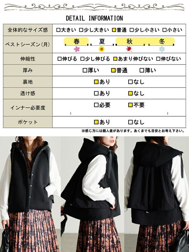 大きいサイズ レディース 異素材フード付き中綿ベスト　mnfk-552808