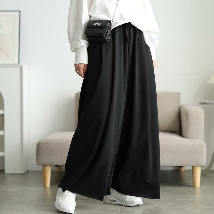 大きいサイズ レディース 異素材切り替えワイドスウェットパンツ　sw-0825 ブラック