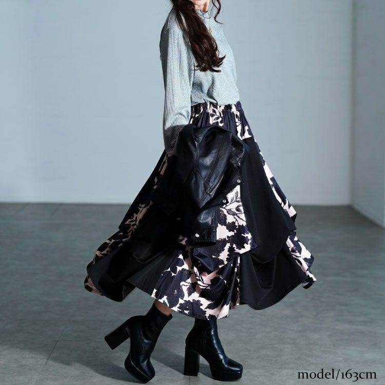 大きいサイズ レディース 2way花柄配色切り替えスカート　sw-0824