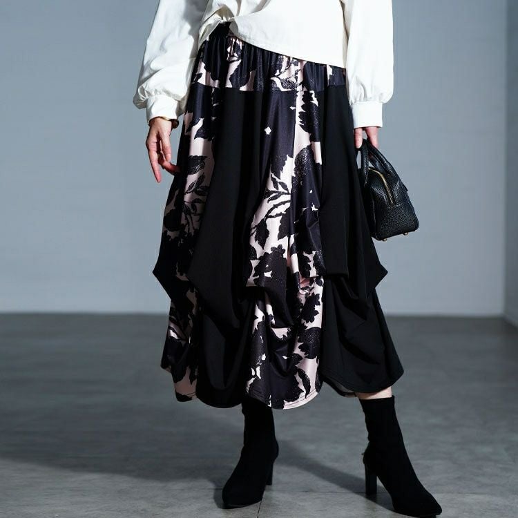 大きいサイズ レディース 2way花柄配色切り替えスカート　sw-0824