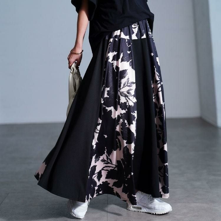 大きいサイズ レディース 2way花柄配色切り替えスカート　sw-0824 ネイビー