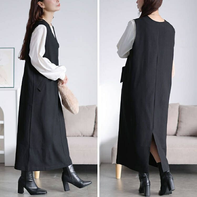 大きいサイズ レディース フラップポケットVネックジャンパースカート　cpdai-640961