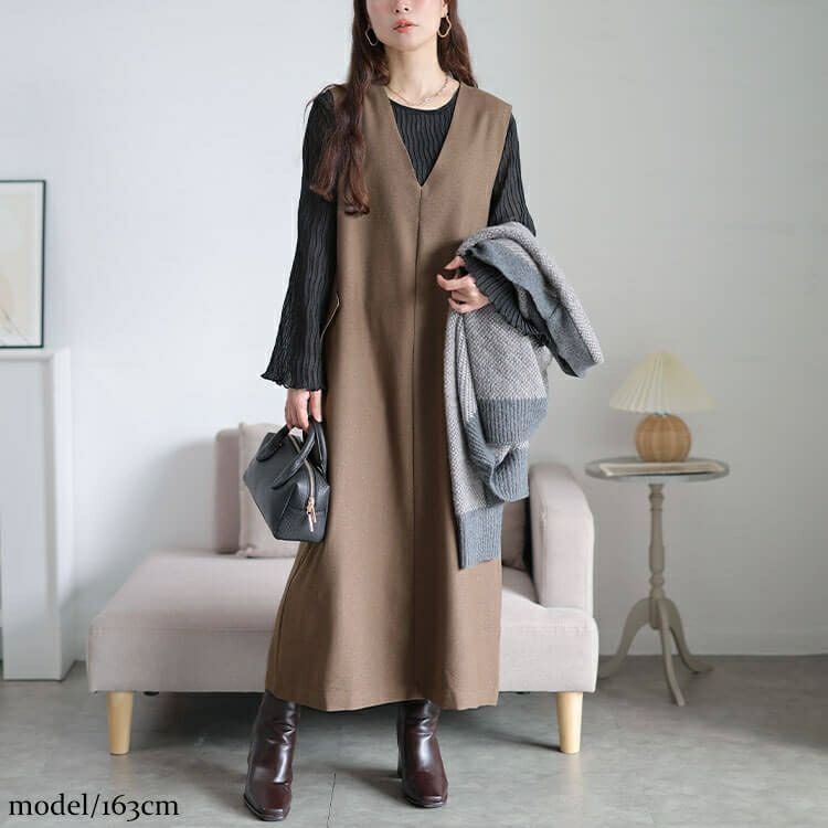 大きいサイズ レディース フラップポケットVネックジャンパースカート　cpdai-640961