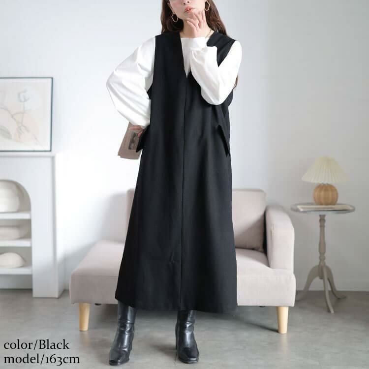 大きいサイズ レディース フラップポケットVネックジャンパースカート　cpdai-640961 ブラック