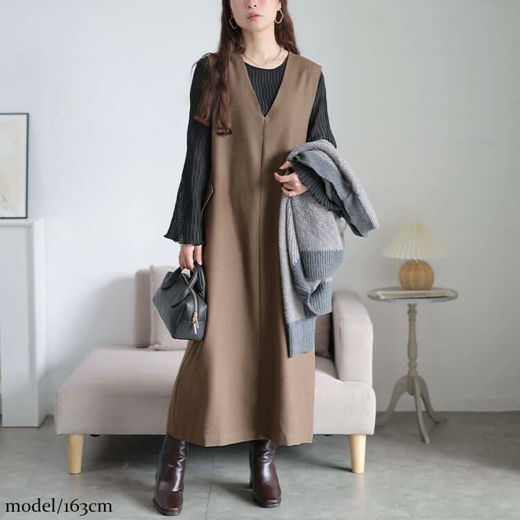 大きいサイズ レディース フラップポケットVネックジャンパースカート　cpdai-640961 モカ