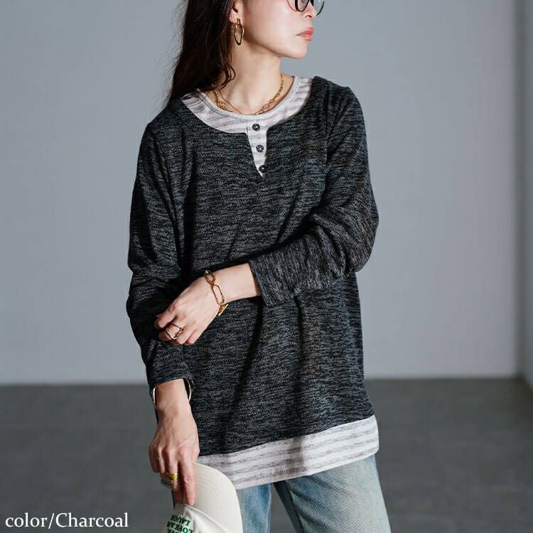 大きいサイズ レディース ボーダー重ね着風プルオーバー　cpdai-647284 【メール便可】