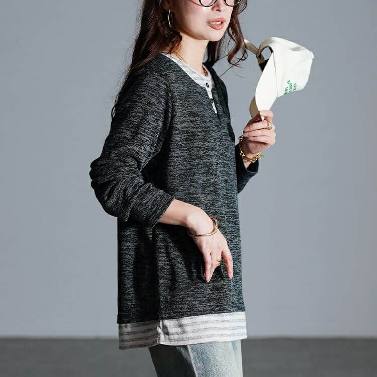 大きいサイズ レディース ボーダー重ね着風プルオーバー　cpdai-647284 【メール便可】