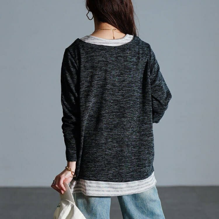 大きいサイズ レディース ボーダー重ね着風プルオーバー　cpdai-647284 【メール便可】