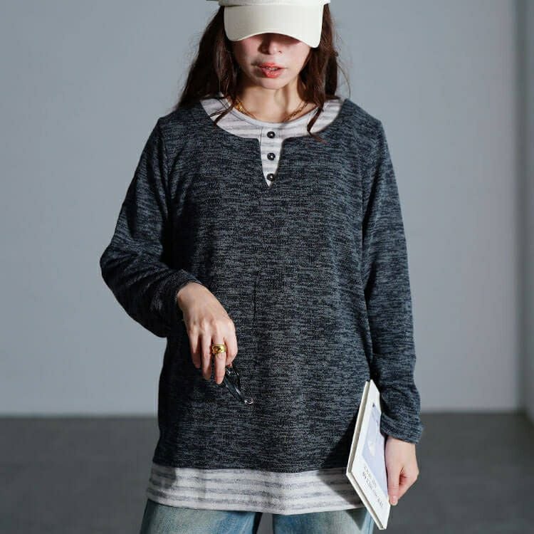 大きいサイズ レディース ボーダー重ね着風プルオーバー　cpdai-647284 【メール便可】