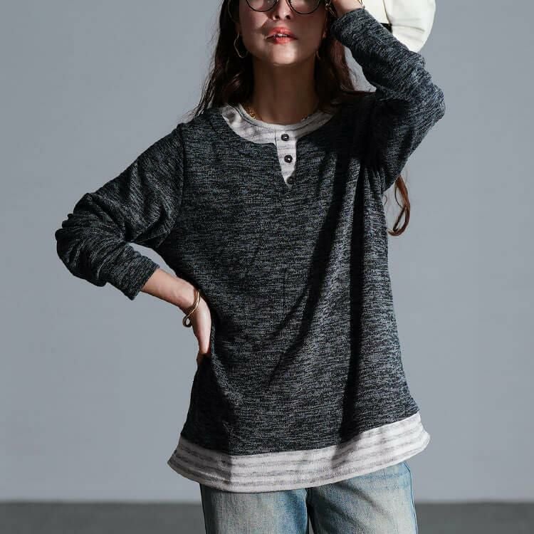 大きいサイズ レディース ボーダー重ね着風プルオーバー　cpdai-647284 【メール便可】 チャコール