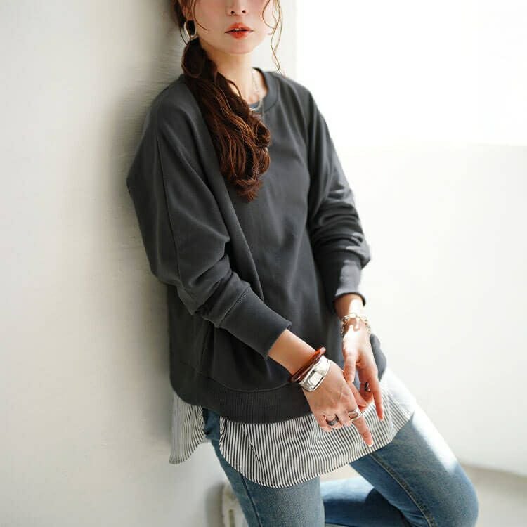 大きいサイズ レディース 吸湿速乾重ね着風ドルマンプルオーバー　cpdai-647278