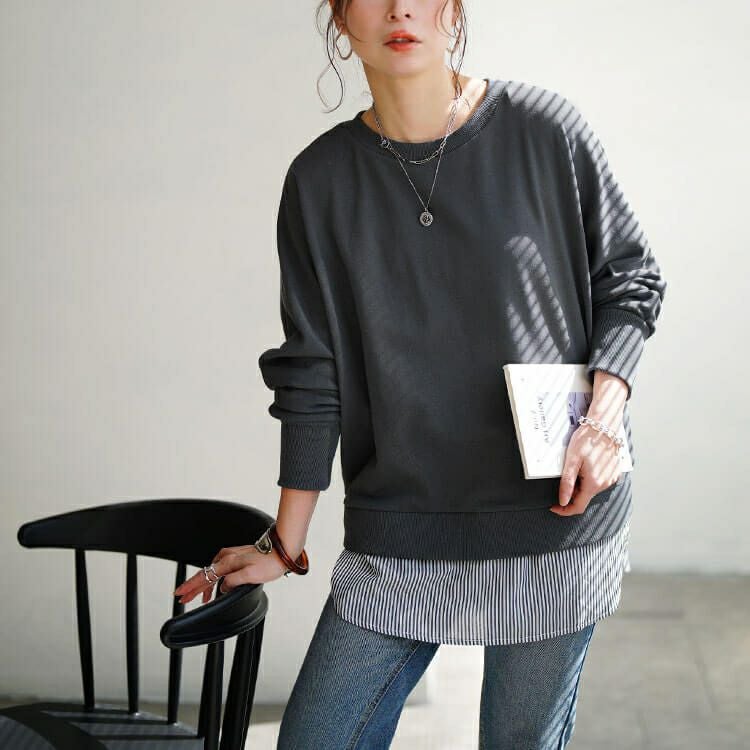 大きいサイズ レディース 吸湿速乾重ね着風ドルマンプルオーバー　cpdai-647278