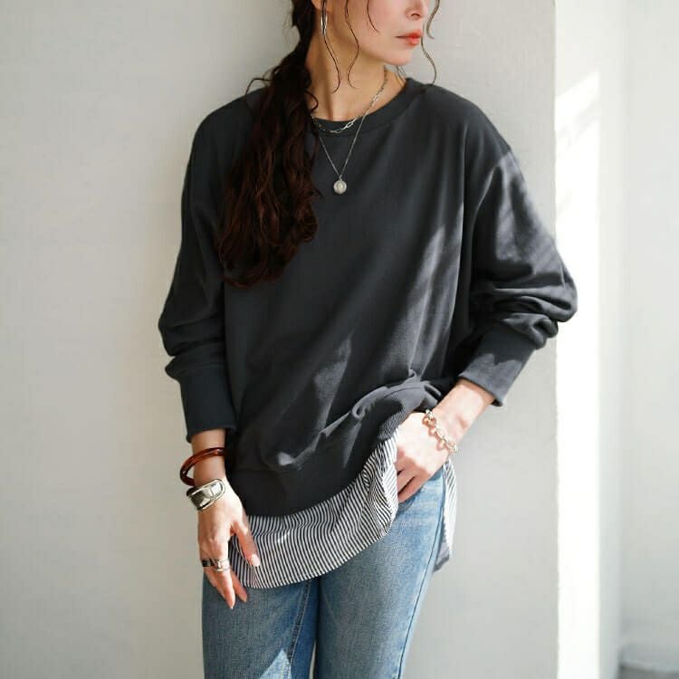 大きいサイズ レディース 吸湿速乾重ね着風ドルマンプルオーバー　cpdai-647278