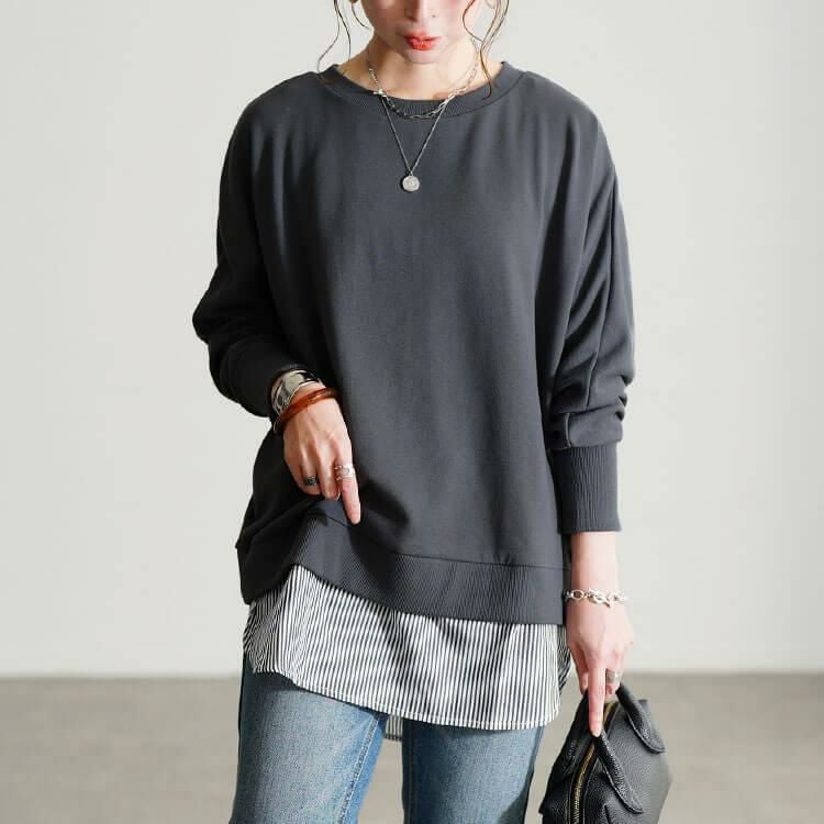 大きいサイズ レディース 吸湿速乾重ね着風ドルマンプルオーバー　cpdai-647278 チャコール