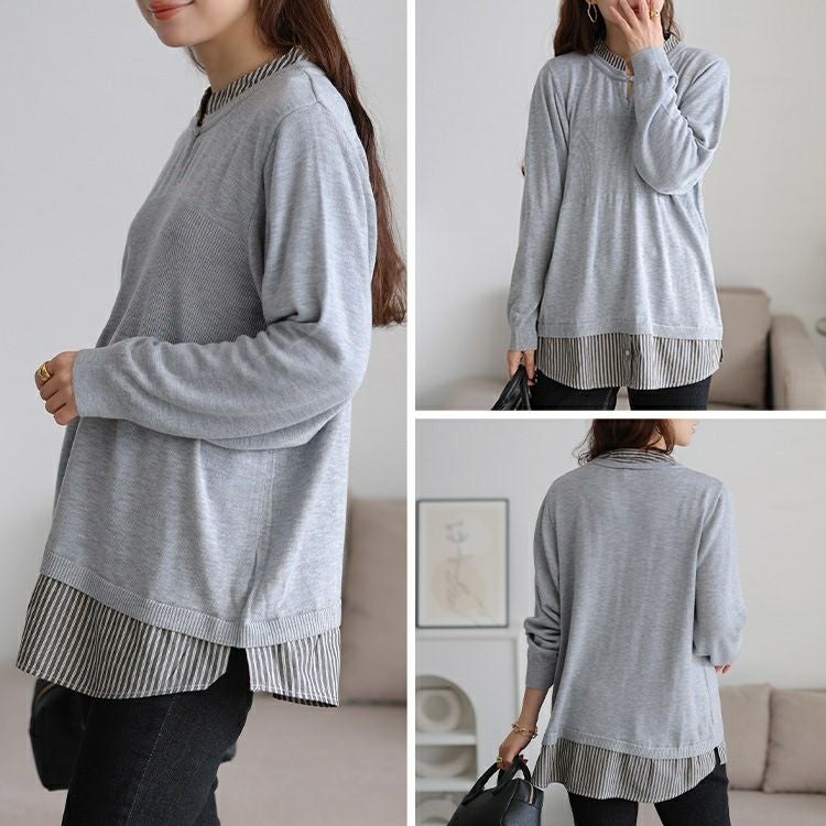 大きいサイズ レディース ストライプシャツドッキングニット　cpdai-640919