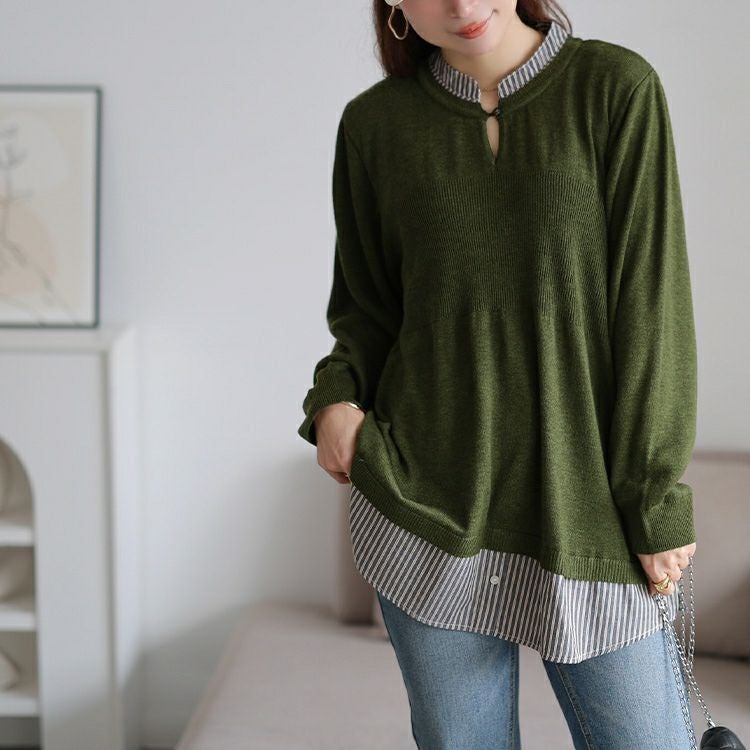 大きいサイズ レディース ストライプシャツドッキングニット　cpdai-640919