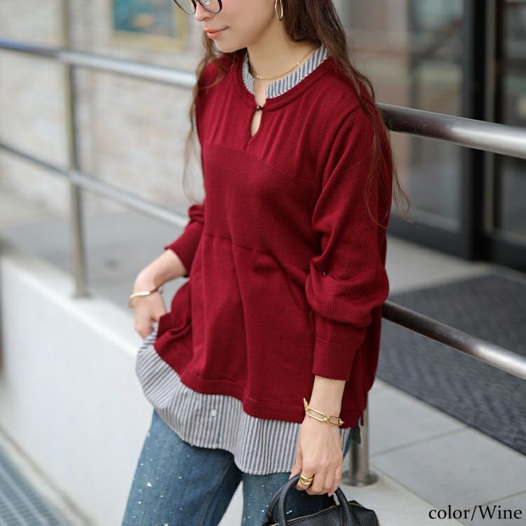 大きいサイズ レディース ストライプシャツドッキングニット　cpdai-640919