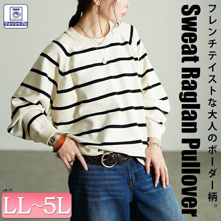 大きいサイズ レディース 洗えるワイドボーダーラグランニット　cpdai-640912