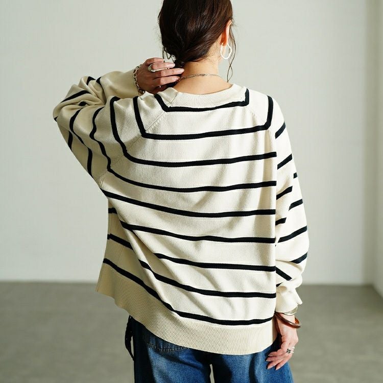 大きいサイズ レディース 洗えるワイドボーダーラグランニット　cpdai-640912