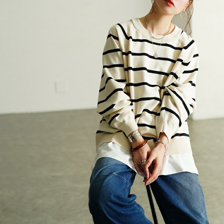 大きいサイズ レディース 洗えるワイドボーダーラグランニット　cpdai-640912