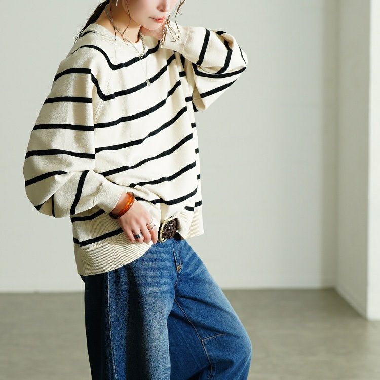 大きいサイズ レディース 洗えるワイドボーダーラグランニット　cpdai-640912