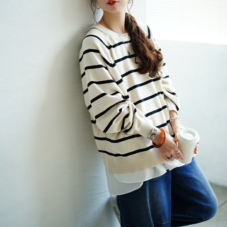 大きいサイズ レディース 洗えるワイドボーダーラグランニット　cpdai-640912