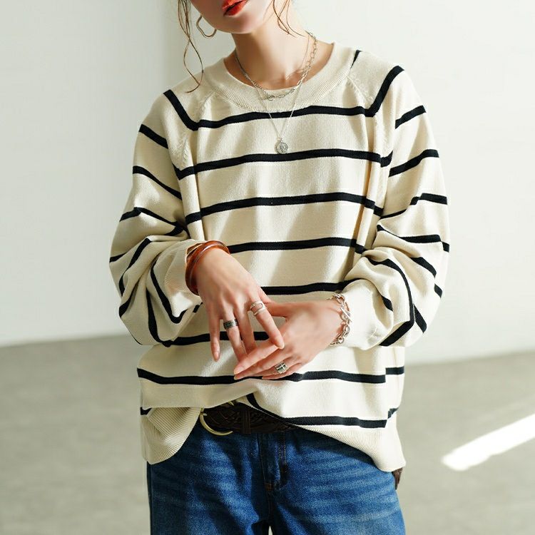 大きいサイズ レディース 洗えるワイドボーダーラグランニット　cpdai-640912