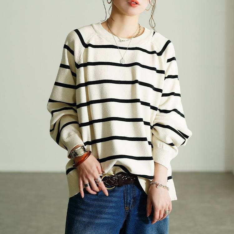 大きいサイズ レディース 洗えるワイドボーダーラグランニット　cpdai-640912 アイボリー