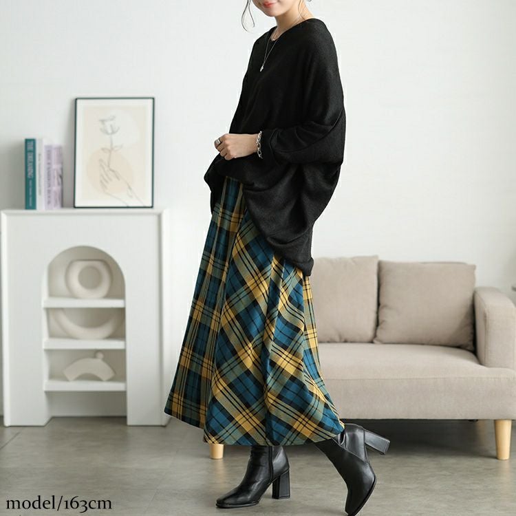 大きいサイズ レディース チェック柄メルティストレッチ微起毛フレアスカート　cpdai-640906