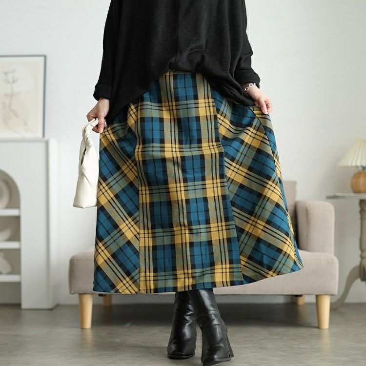 大きいサイズ レディース チェック柄メルティストレッチ微起毛フレアスカート　cpdai-640906