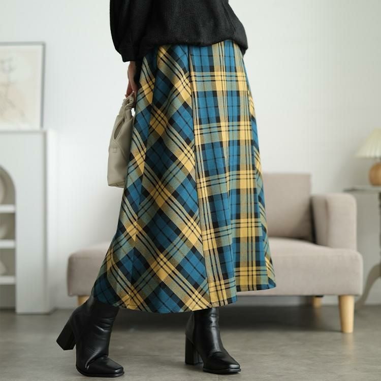 大きいサイズ レディース チェック柄メルティストレッチ微起毛フレアスカート　cpdai-640906 イエロー