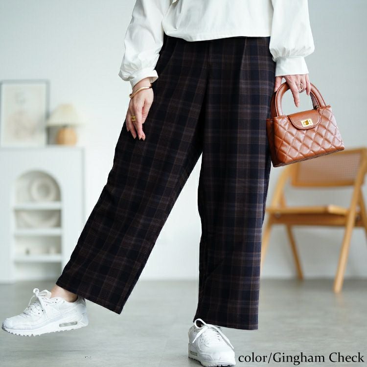 大きいサイズ レディース チェック柄メルティストレッチ微起毛ワイドパンツ　cpdai-640905