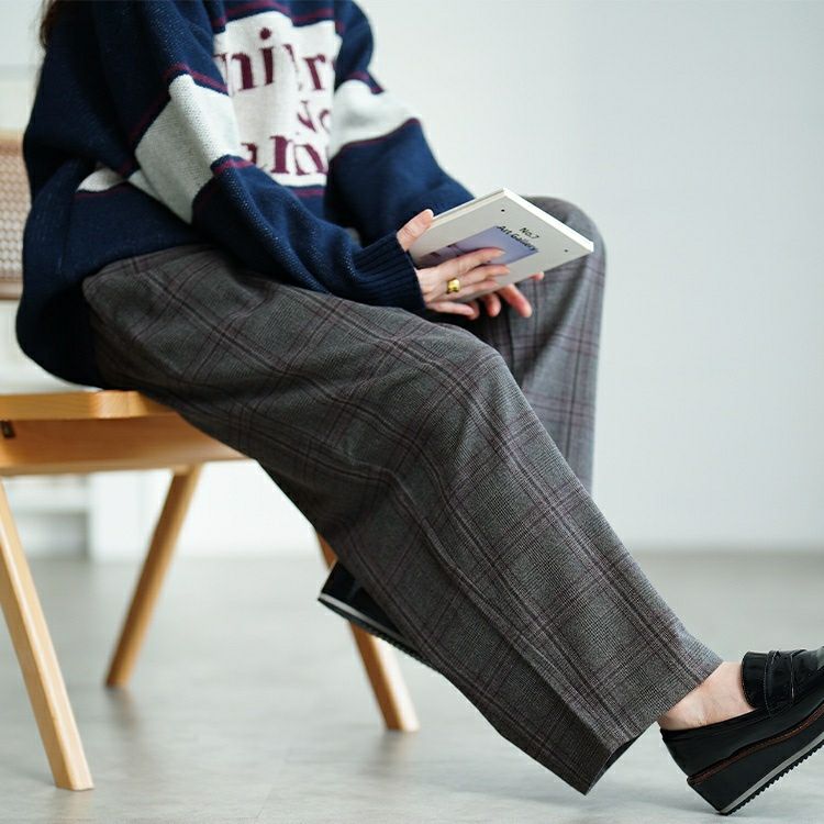 大きいサイズ レディース チェック柄メルティストレッチ微起毛ワイドパンツ　cpdai-640905