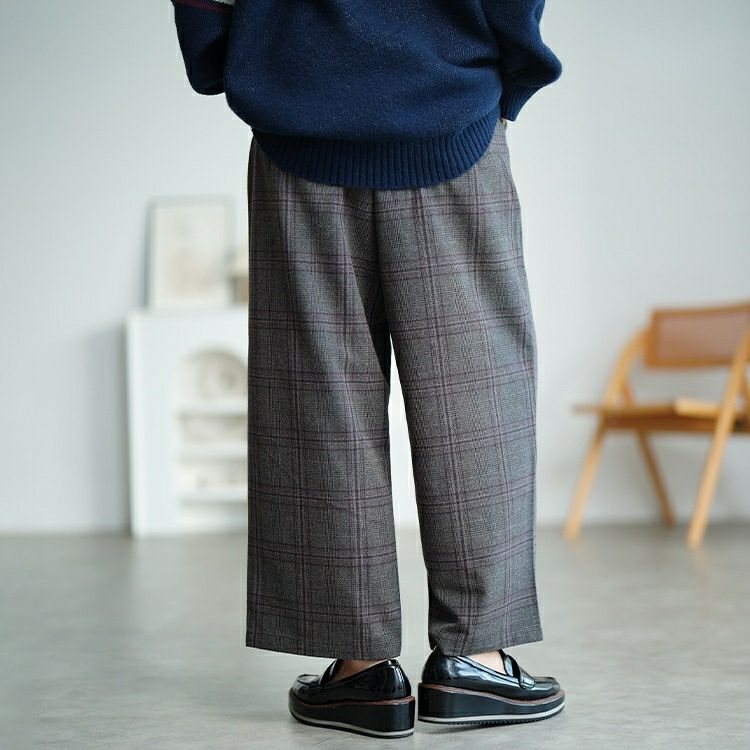 大きいサイズ レディース チェック柄メルティストレッチ微起毛ワイドパンツ　cpdai-640905