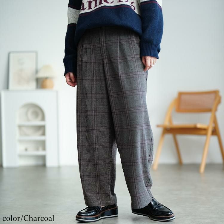 大きいサイズ レディース チェック柄メルティストレッチ微起毛ワイドパンツ　cpdai-640905 チャコール